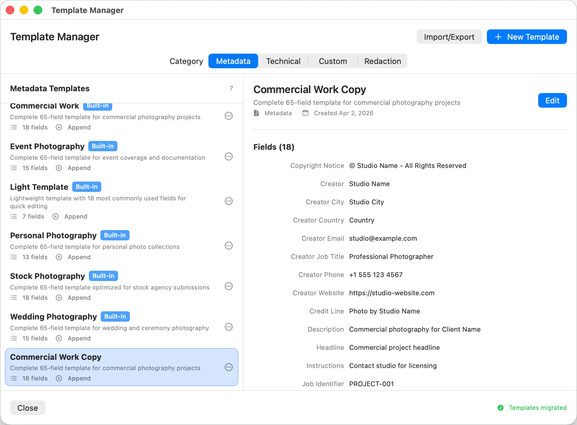 MetaScope Template Manager with a list of pre-built templates across Metadata, Technical, and Custom categories