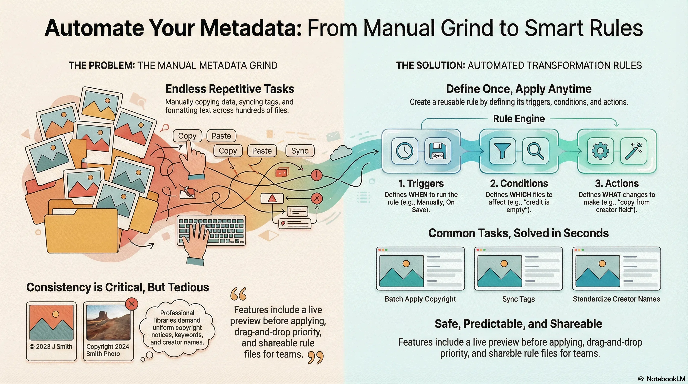 MetaScope Transformation Rules interface showing triggers, conditions, actions, and live preview
