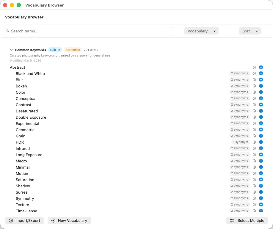 MetaScope Vocabulary Browser showing hierarchical keyword list with synonym counts and category organization