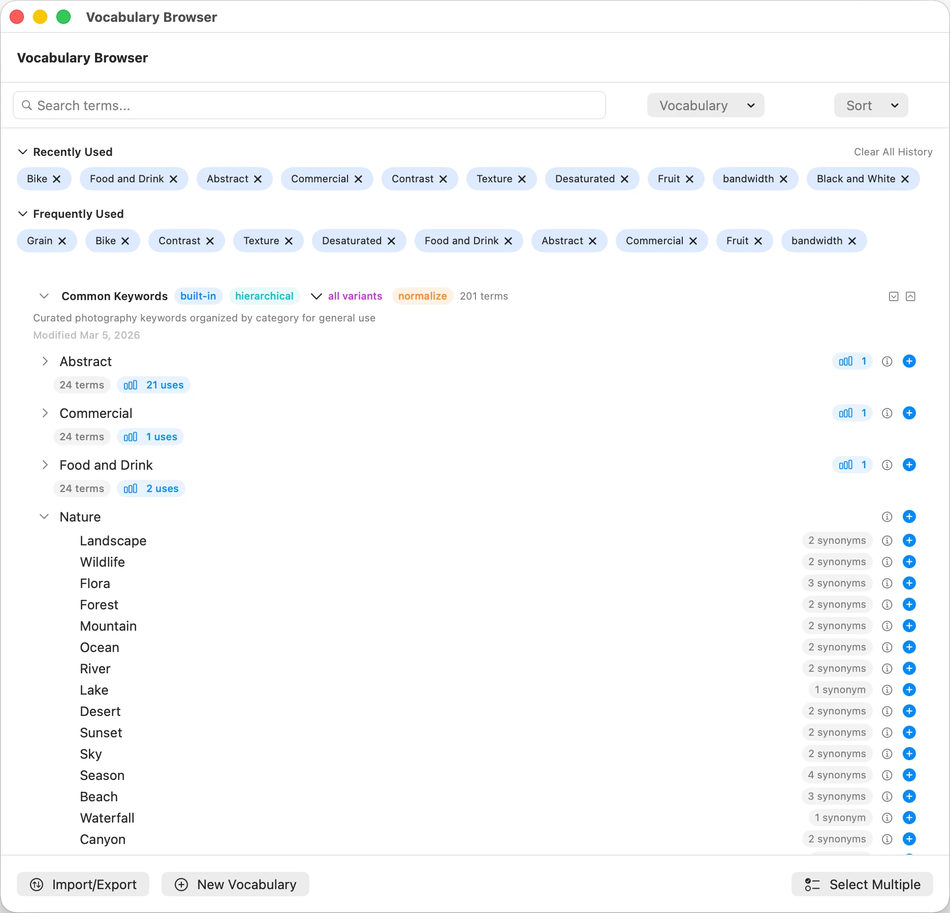 MetaScope Vocabulary Browser showing hierarchical keyword list with synonym counts and category organization