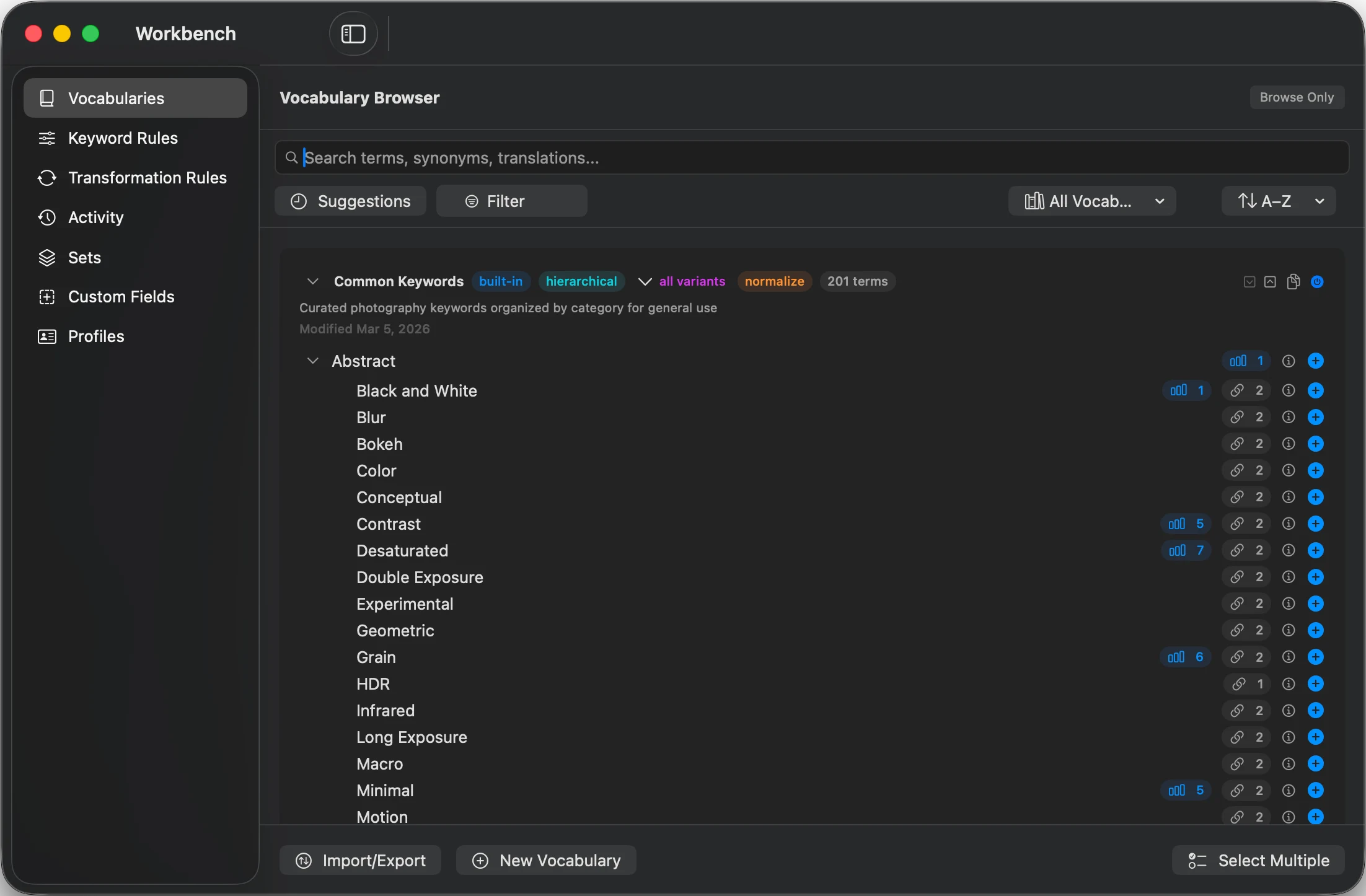 MetaScope Vocabulary Browser showing a hierarchical controlled vocabulary with synonyms and translations