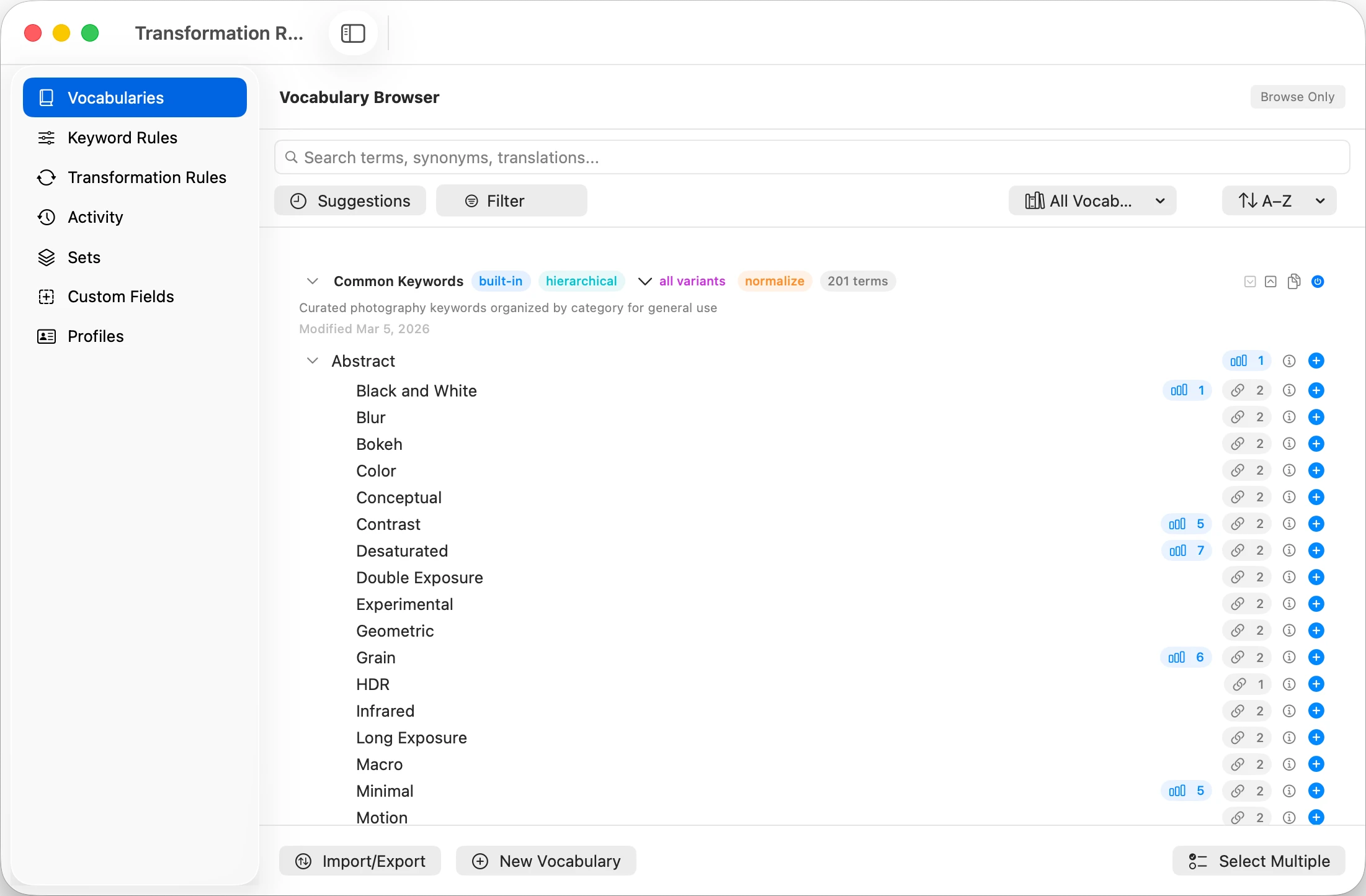 MetaScope Workbench, Vocabularies tab with hierarchical term tree