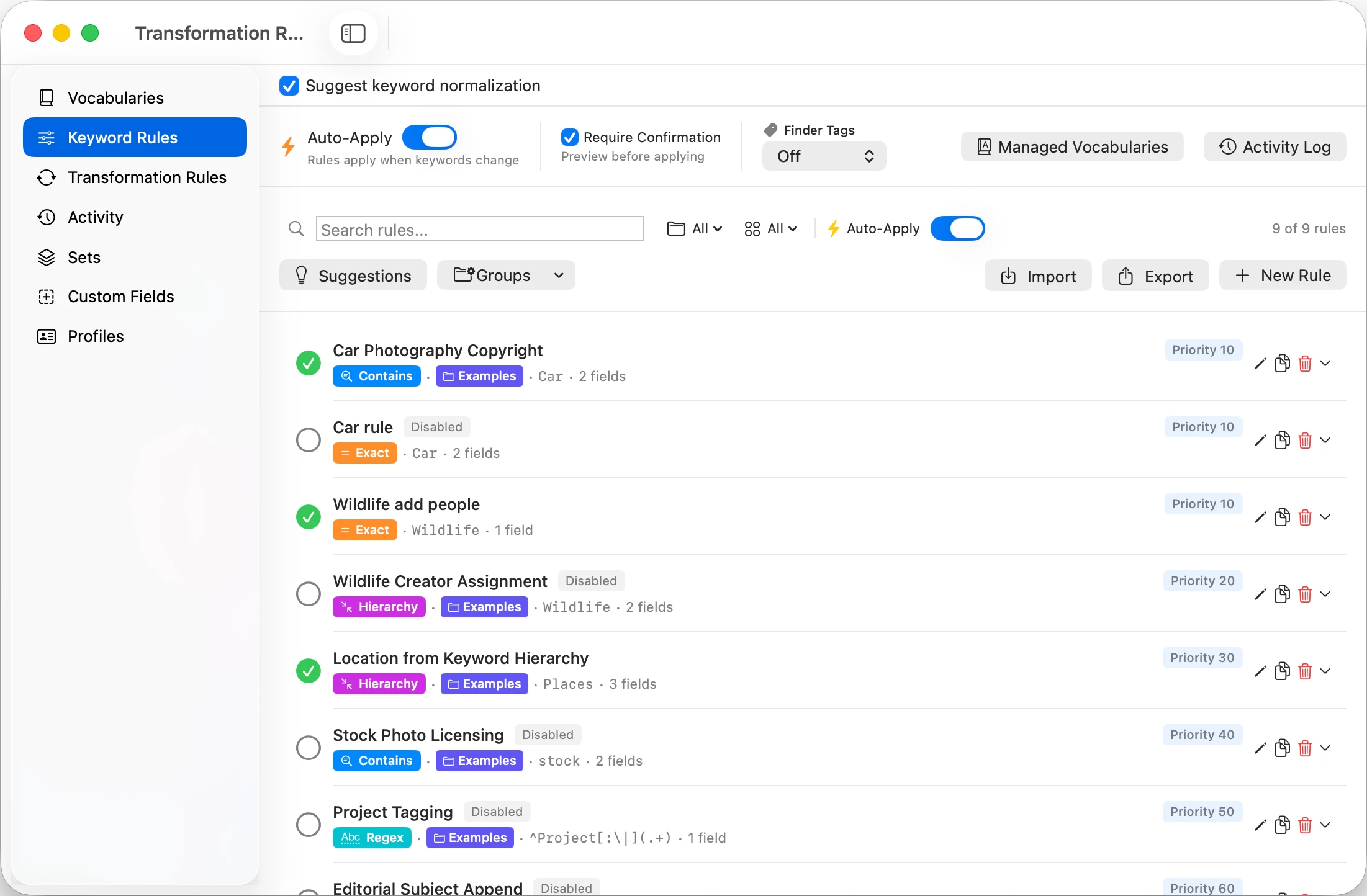 MetaScope Workbench, Keyword Rules tab with rule list and match types