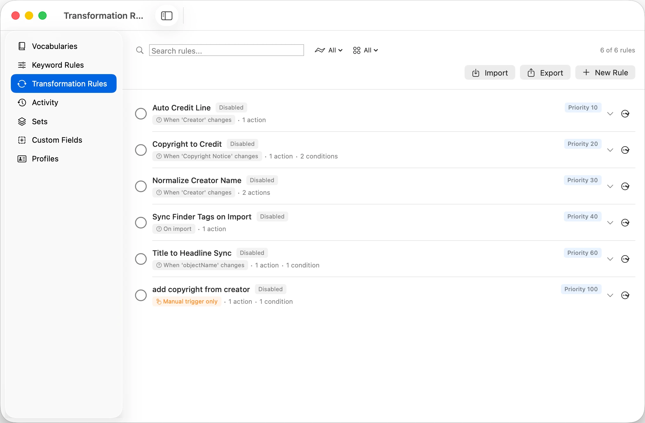 MetaScope Workbench, Transformation Rules tab with triggers and actions