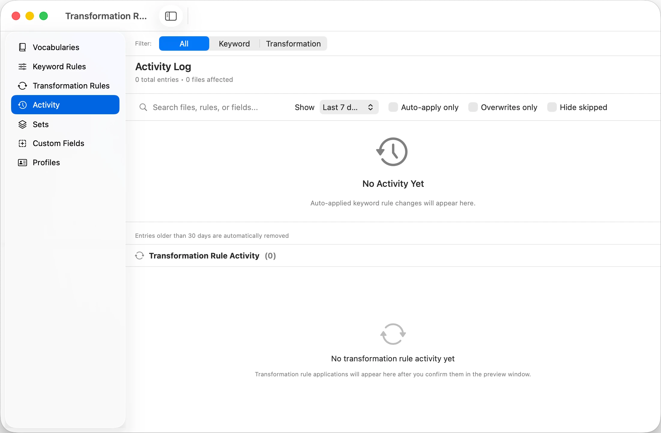 MetaScope Workbench, Activity tab with rule and keyword history