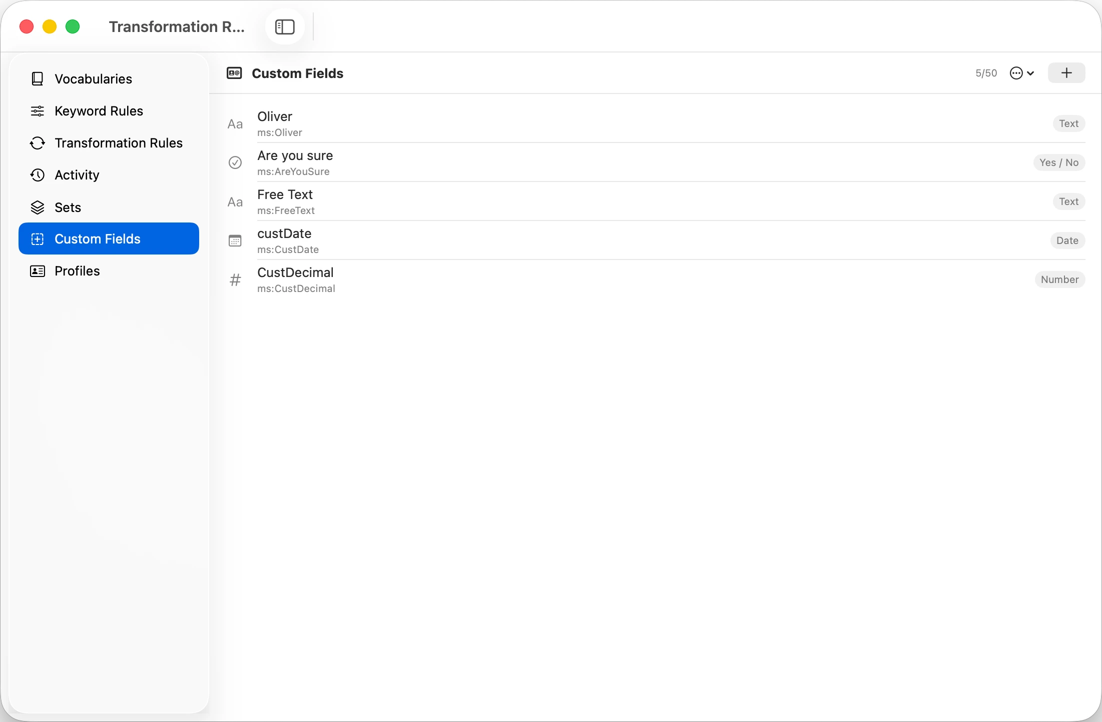 MetaScope Workbench, Custom Fields tab with user-defined XMP metadata