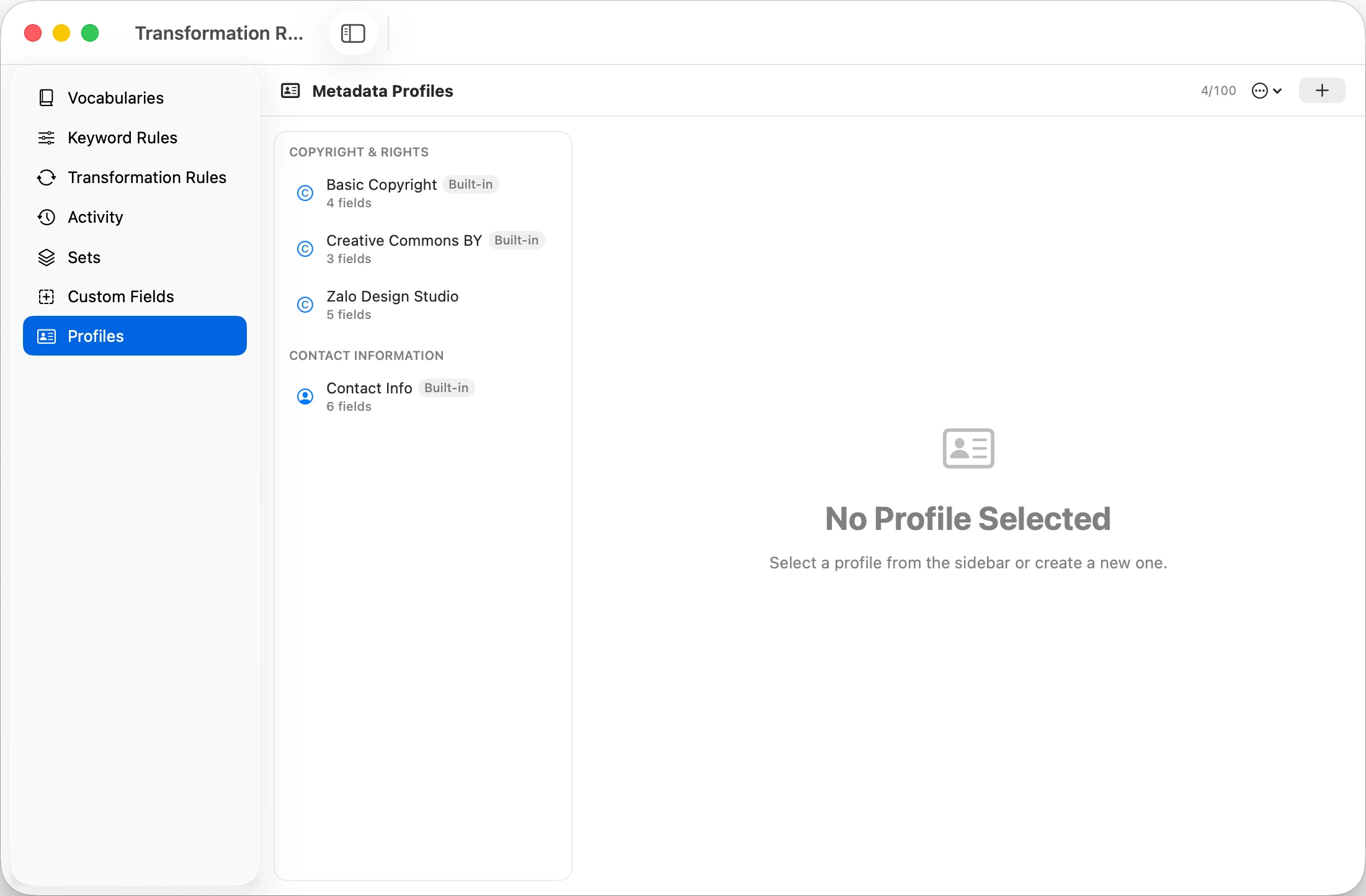 MetaScope Workbench, Profiles tab with named metadata bundles