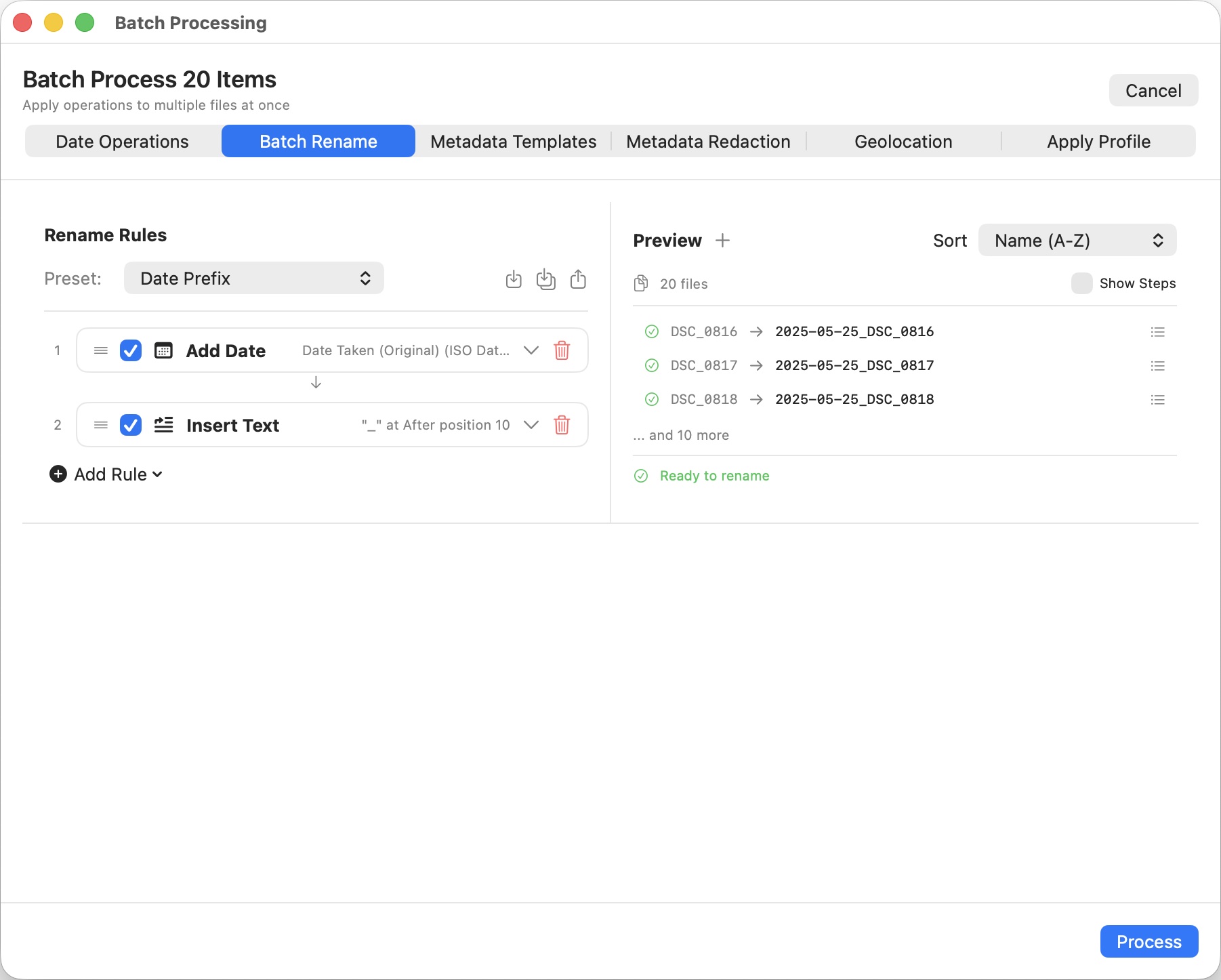 MetaScope Batch Date Operations showing folder processing and file type filtering