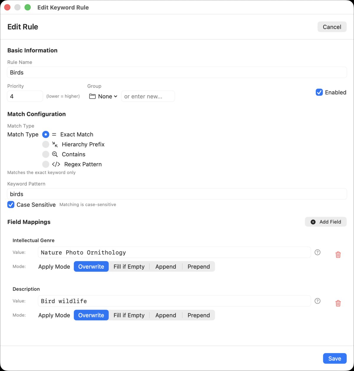 Edit Keyword Rule dialog with match configuration and apply modes