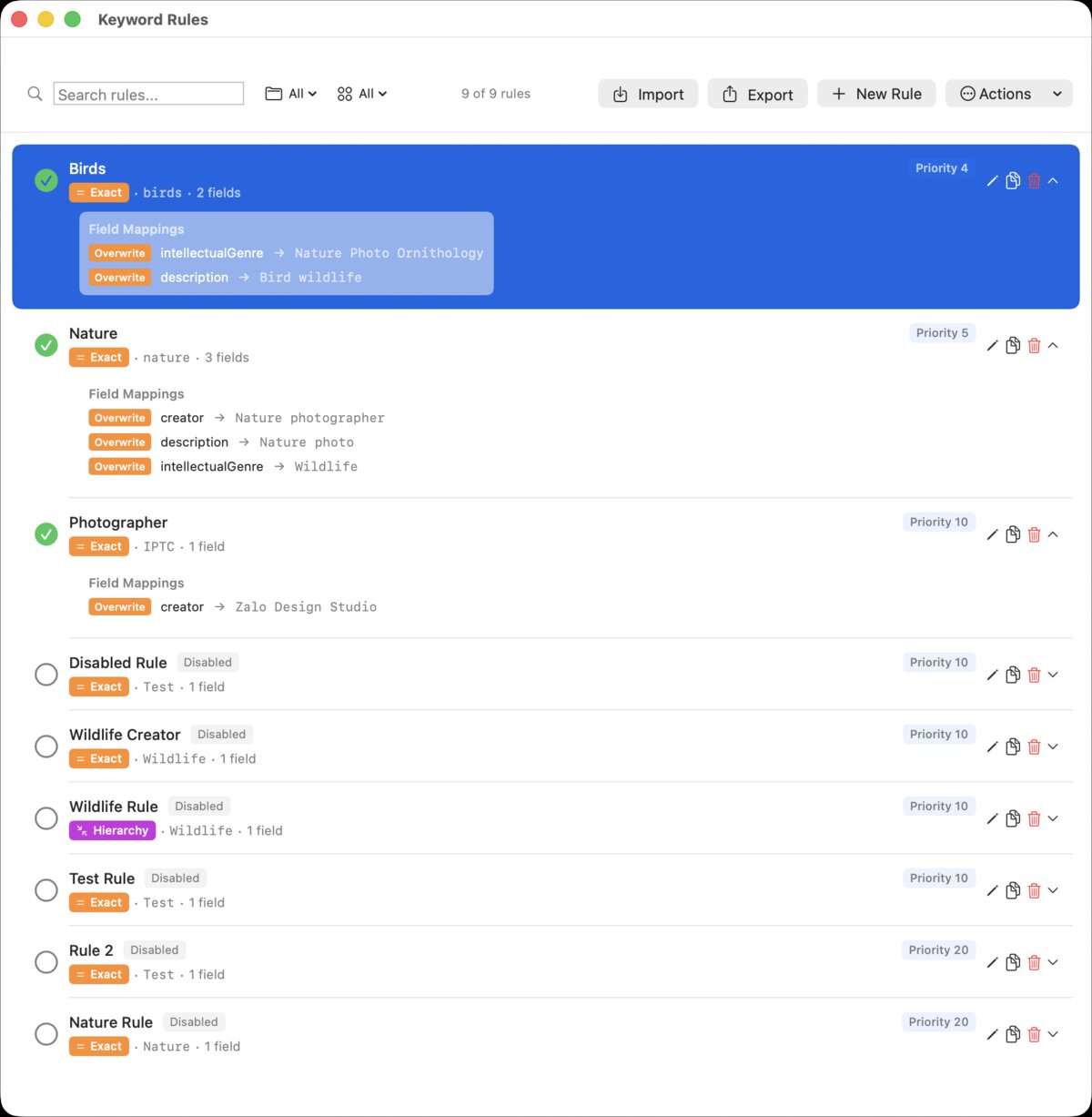 Keyword Rules list with multiple rules showing match types and field mappings