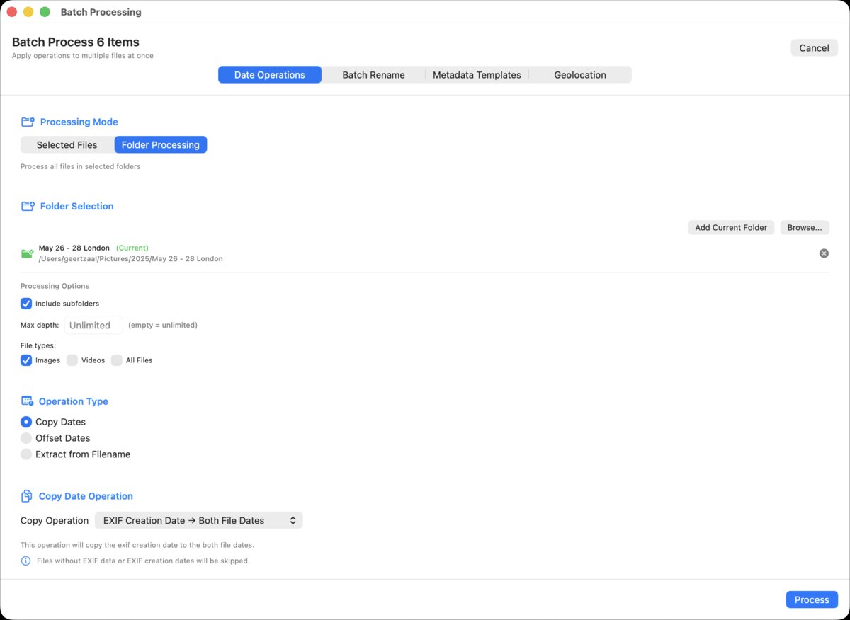 MetaScope Batch Processing with Date Operations showing folder processing, copy dates, and file type filtering
