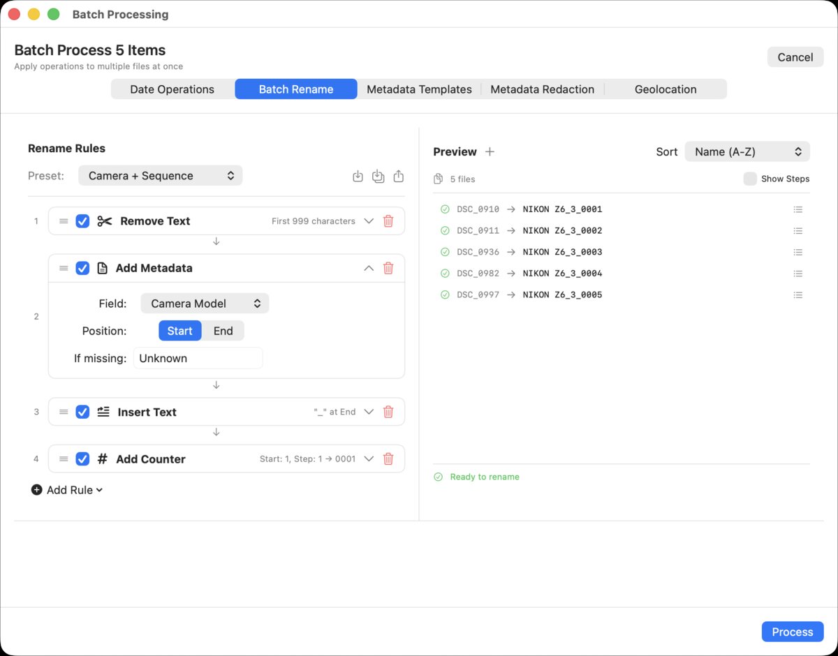 MetaScope Batch Rename with stackable rules, metadata injection, and live preview