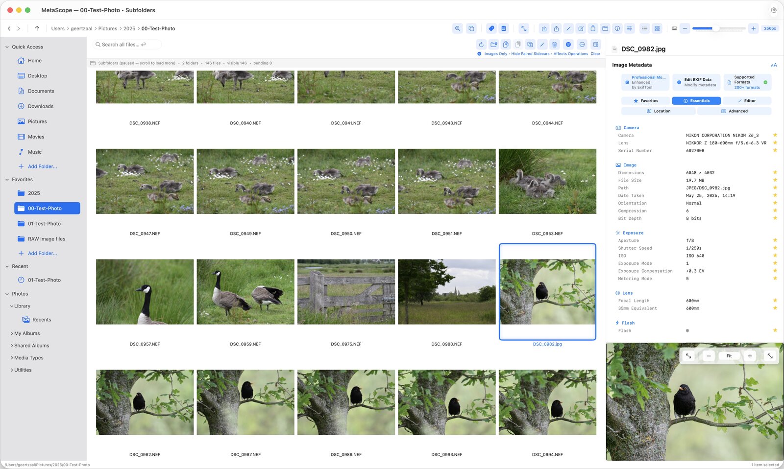 MetaScope main application interface with file browser, thumbnail grid, and detailed metadata panel