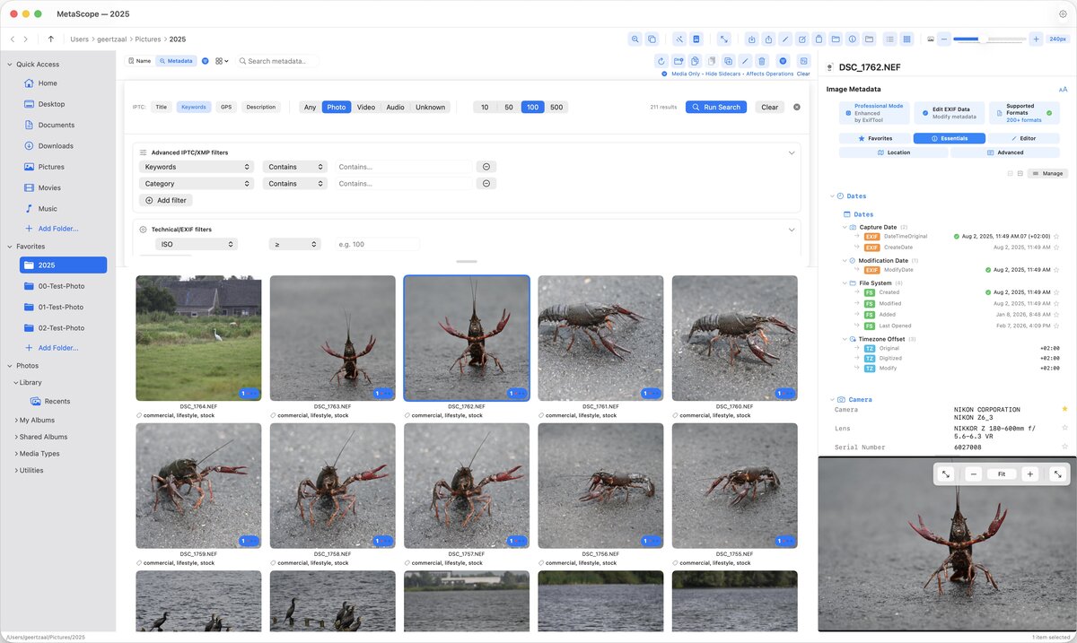 MetaScope Integrated Metadata Search with browser-native filter overlay, progressive density, and relevance cues