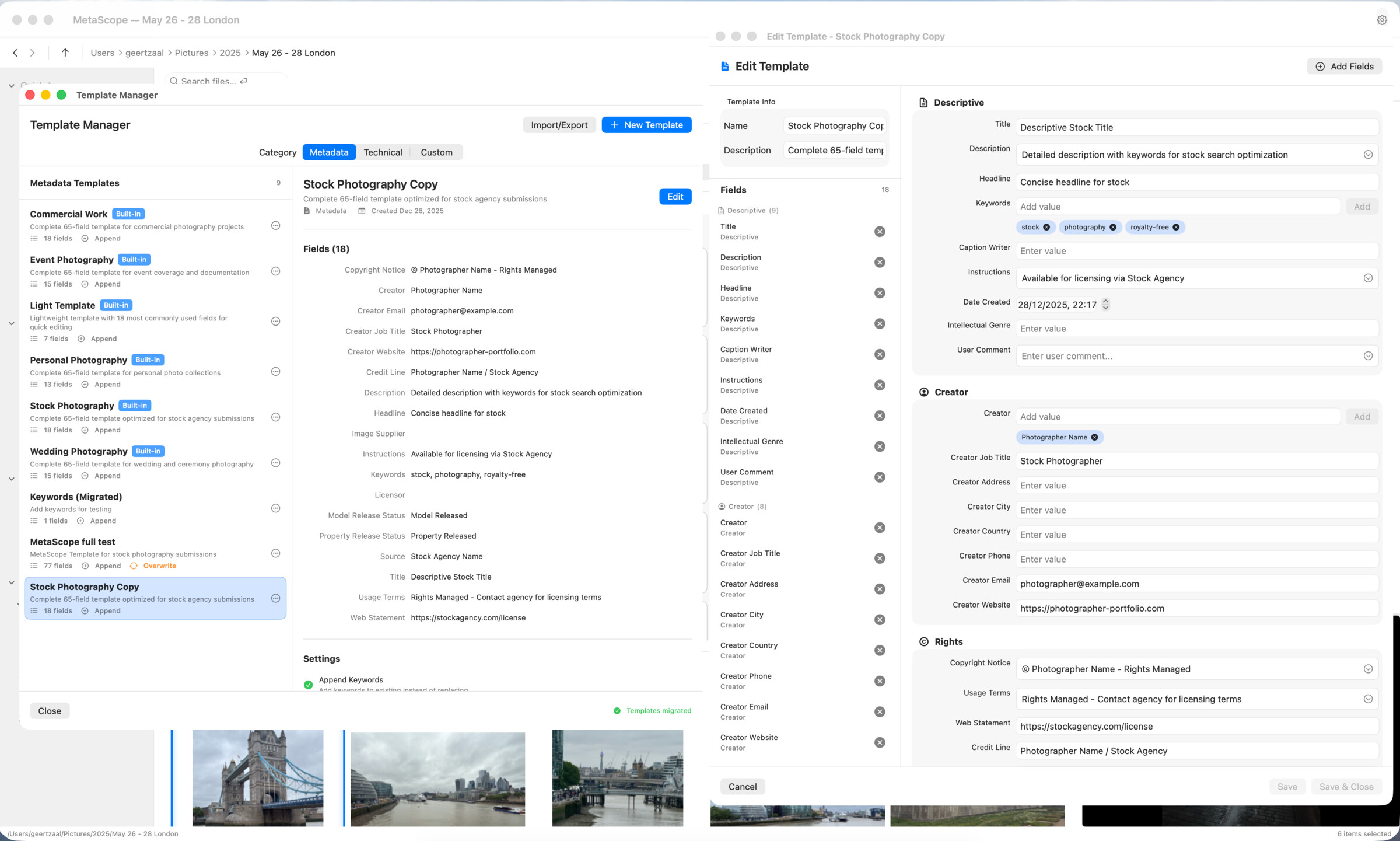 MetaScope Template Manager with Edit Template panel - enlarged view