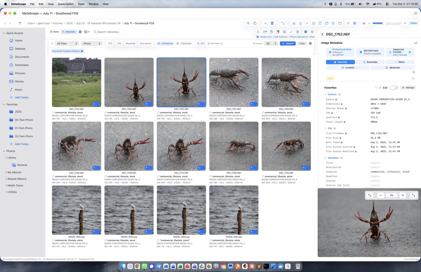 MetaScope Analytics Dashboard with Compare Tray showing ISO, Aperture, and Focal Length distributions