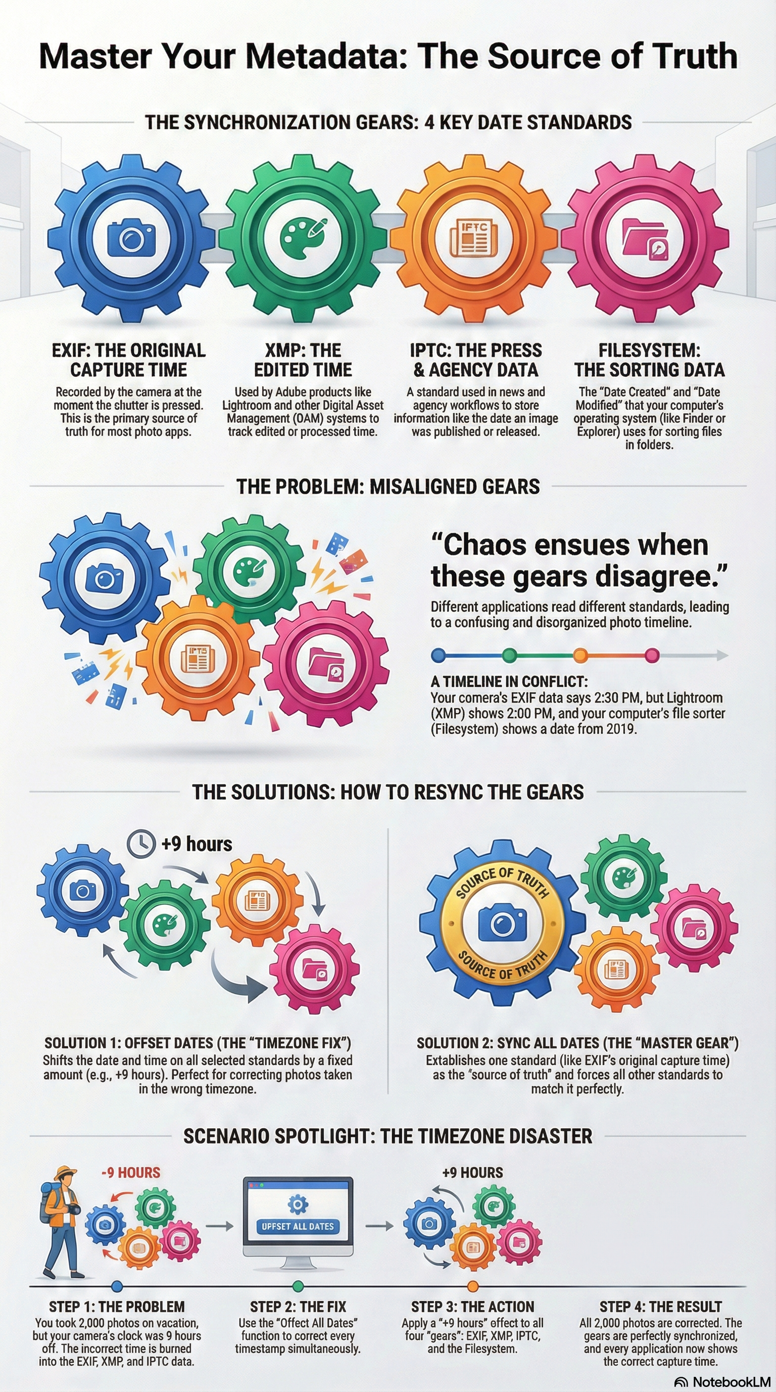 MetaScope metadata date operations showing timezone correction, offset metadata dates, and sync all dates