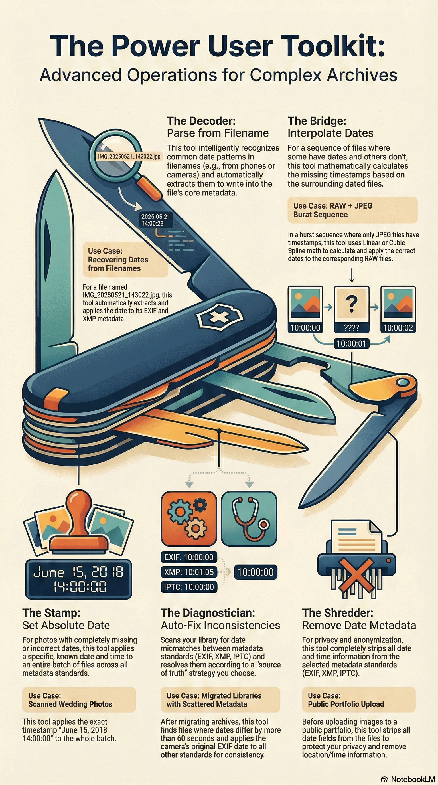 MetaScope advanced date operations toolkit showing Set Absolute Date, Parse from Filename, Auto-Fix Inconsistencies, Remove Date Metadata, and Interpolate Dates