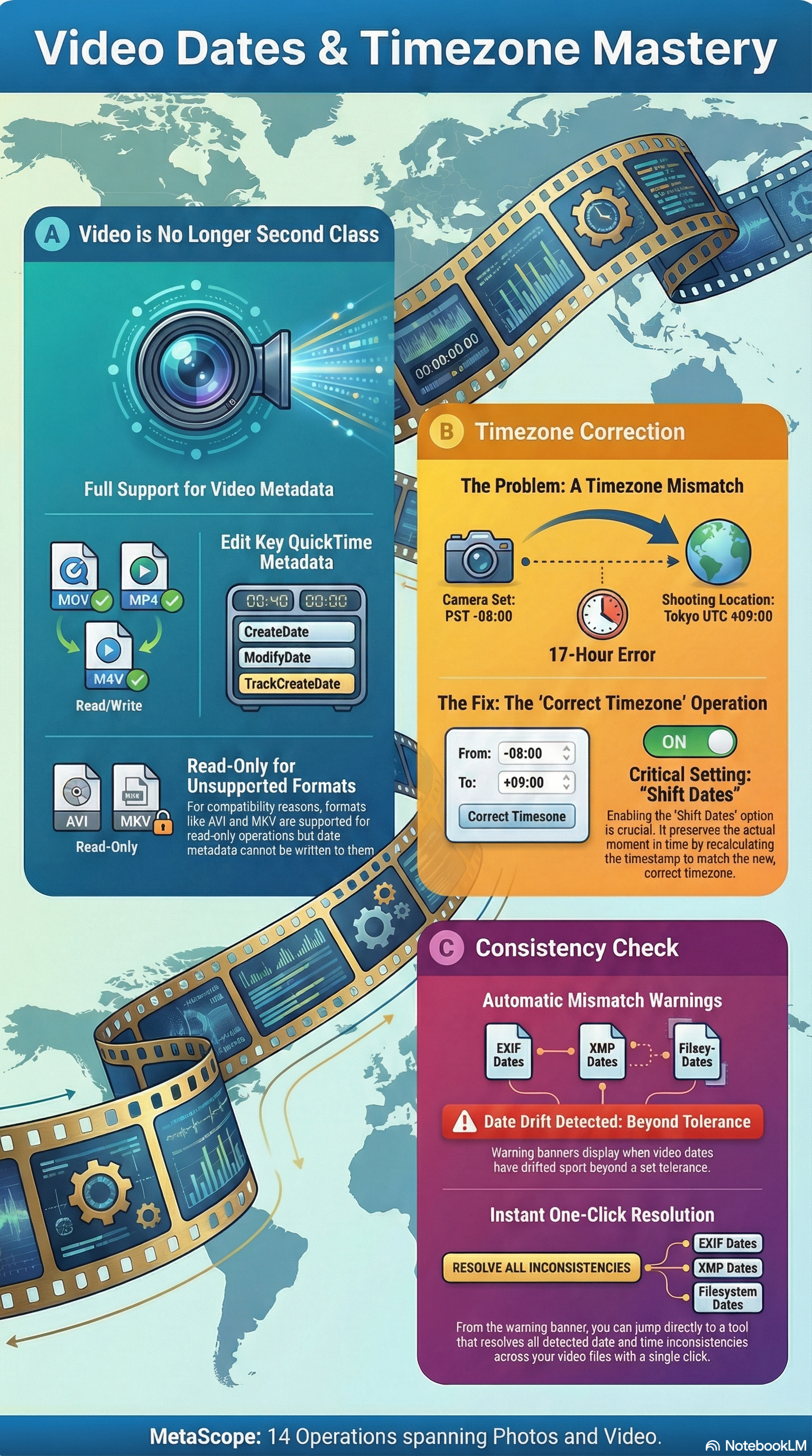 MetaScope video date operations and timezone correction showing QuickTime metadata support, Correct Timezone operation, and Date Consistency Validation