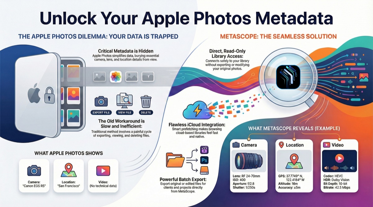 MetaScope displaying detailed metadata from an iCloud Photos library