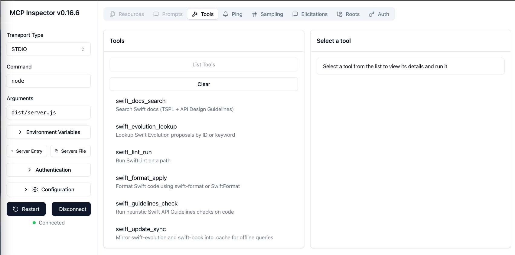 MCP Inspector showing swift server tools